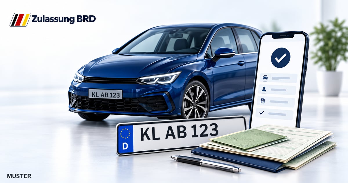 Online Fahrzeugzulassung in Landstuhl: Musterkennzeichen KL AB 123, Auto und Fahrzeugpapiere und Smartphone. Illustration mit Logo von Zulassung BRD.